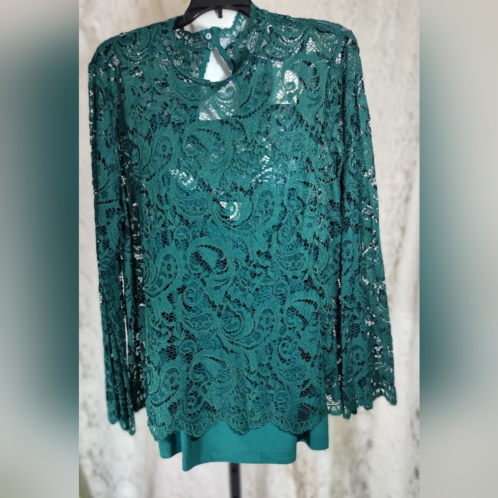 Cato Green Lace Cut Out Blouse with Mandarin Collar Camisole Set